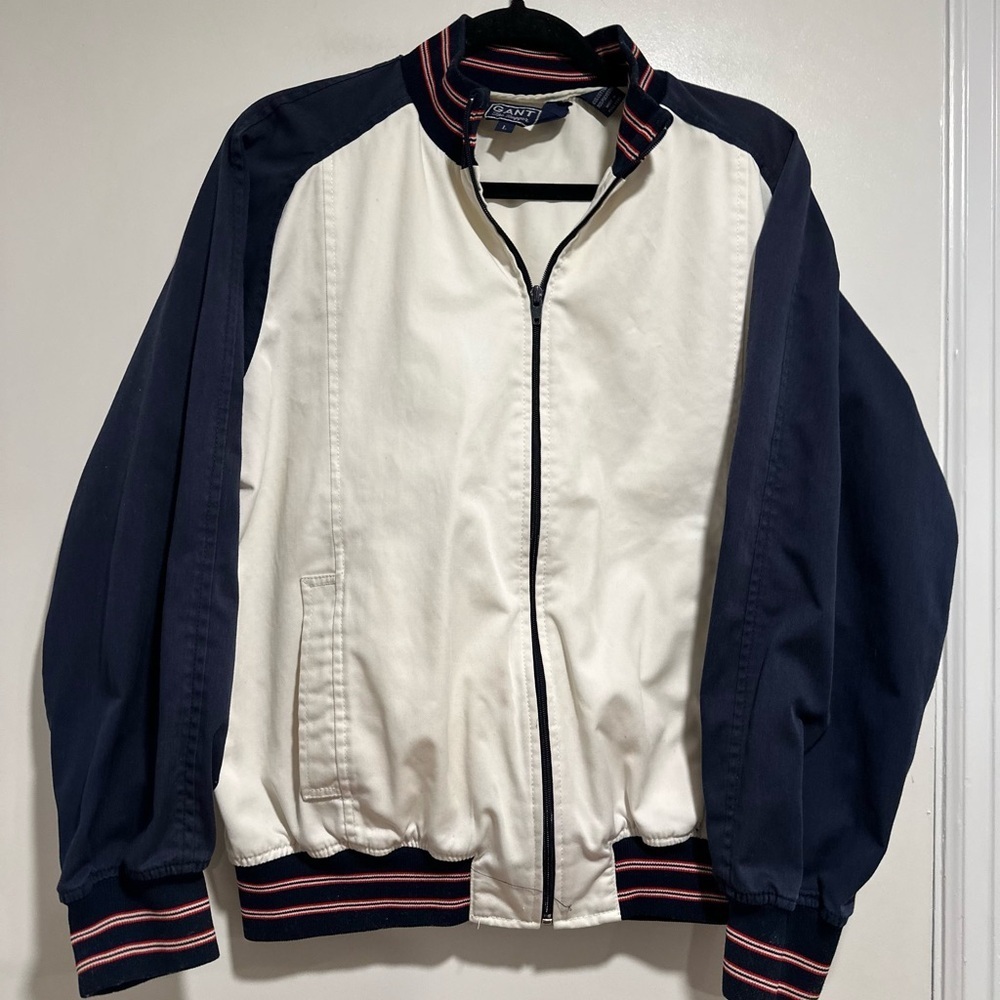 Vintage Gant Sz: L White Navy Red  Preppy varsity cotton Full Zip Bomber jacket.